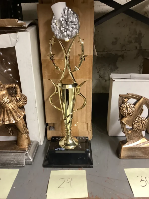 GOLD CHEER TROPHY W/SILVER & WHITE POM & MEGA ON BLK. MARBLE BASE