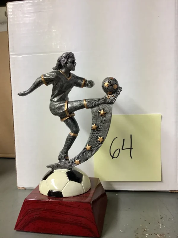 SILVER FEMALE KICKING SOCCER ON BALL & CHERRY BASE