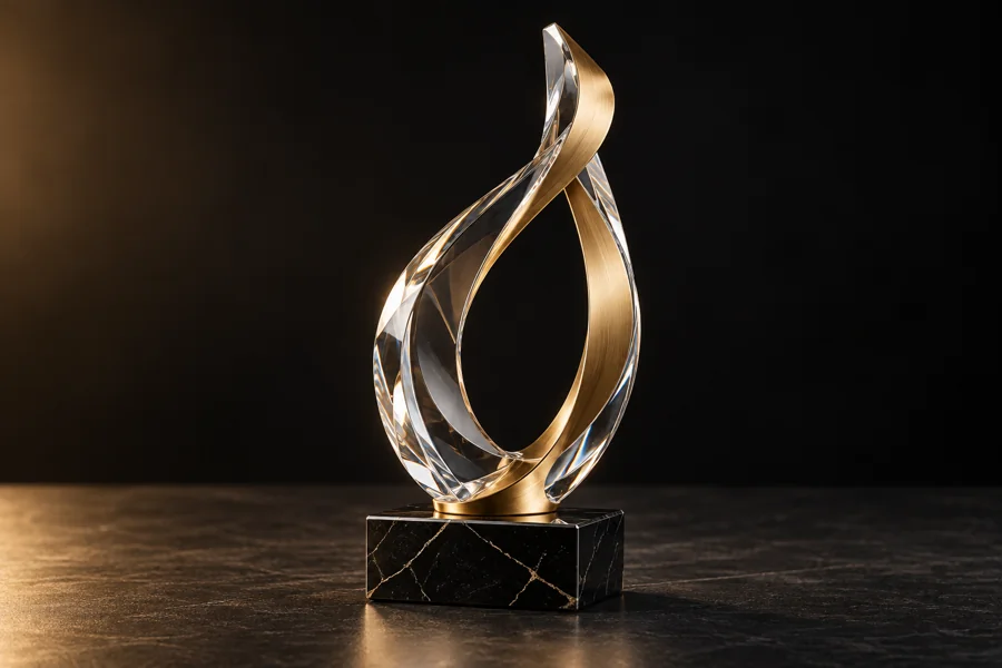 Illustration: Sculptural crystal and gold award illustrating bespoke corporate recognition