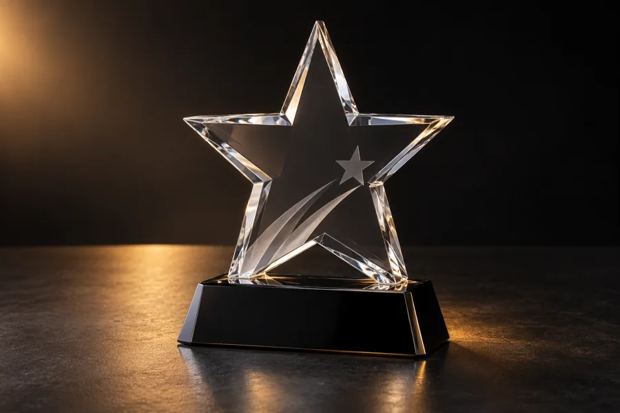 Illustration of a crystal star employee recognition award on a black base