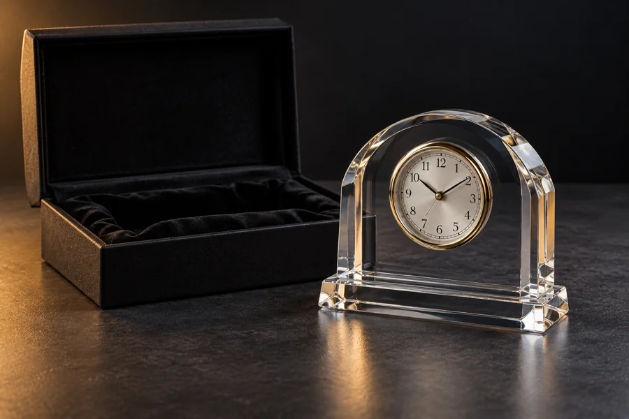 Illustration: Glass desk clock beside a velvet presentation box illustrating corporate appreciation gifts