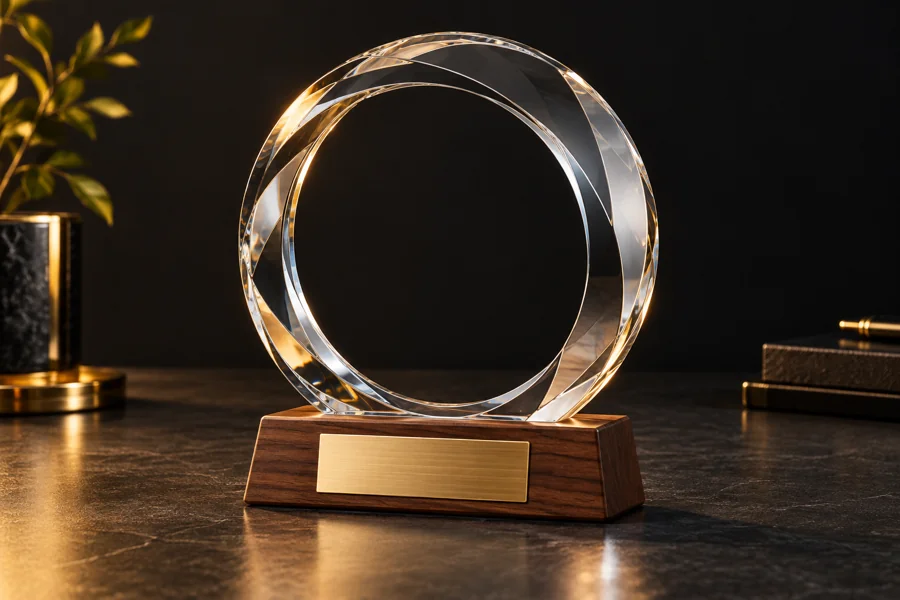 Illustration: Circular glass award on a walnut base illustrating company milestone recognition