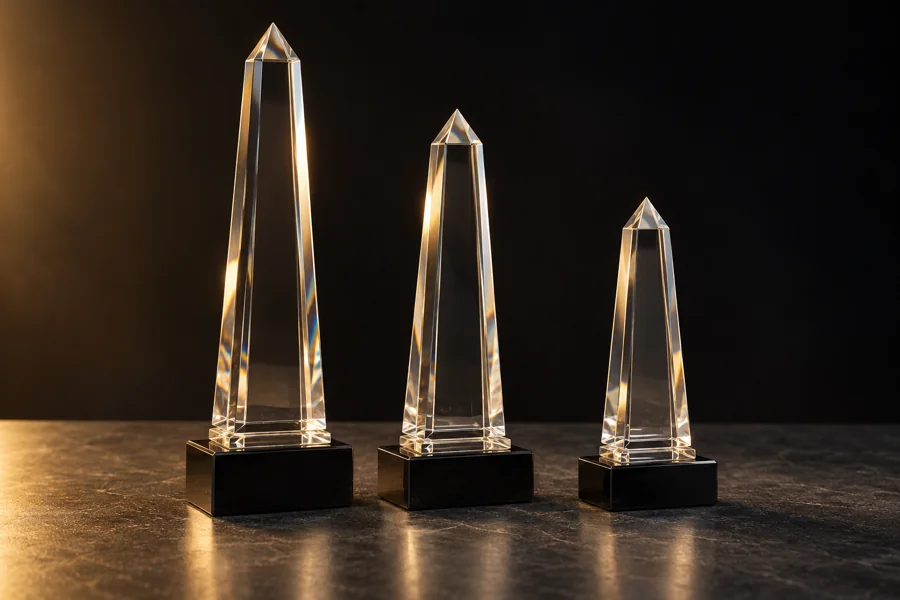 Illustration: Three graduated glass obelisks illustrating years of service awards