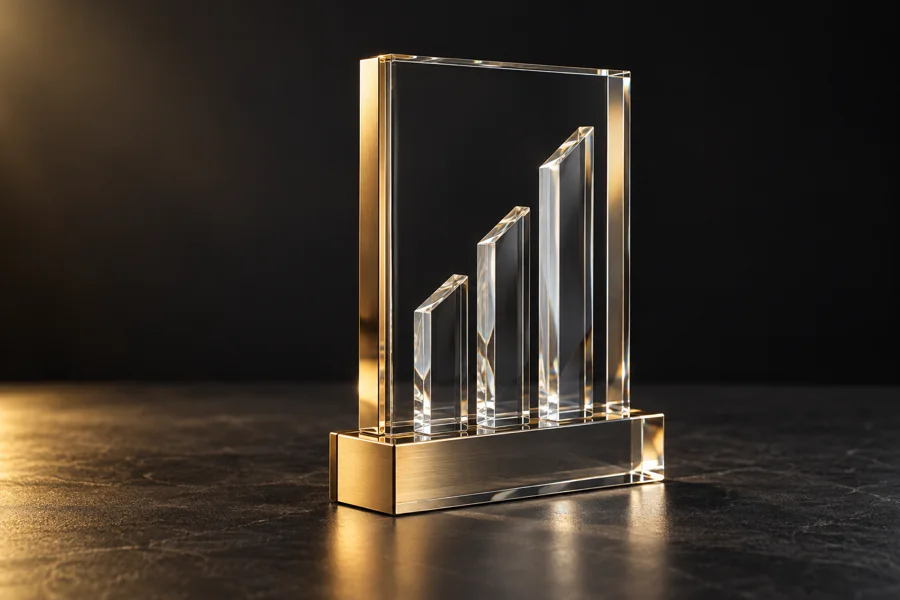 Illustration: Clear award with rising bars and gold accents illustrating team achievement