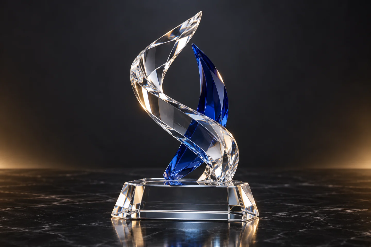 Illustration of a sculptural clear and blue custom crystal award