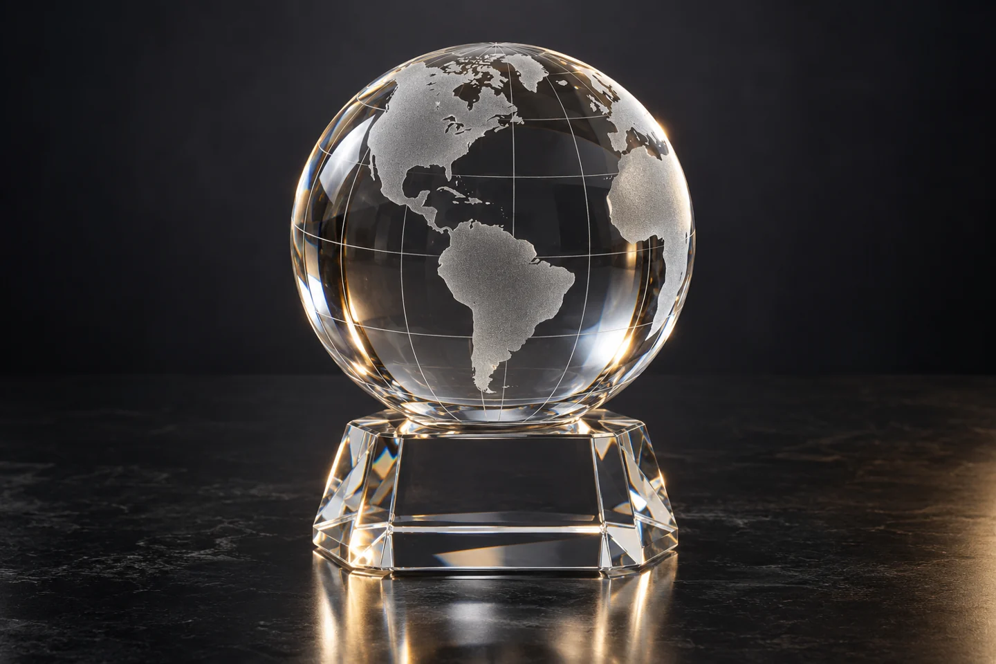 Illustration of a crystal globe award with etched continents