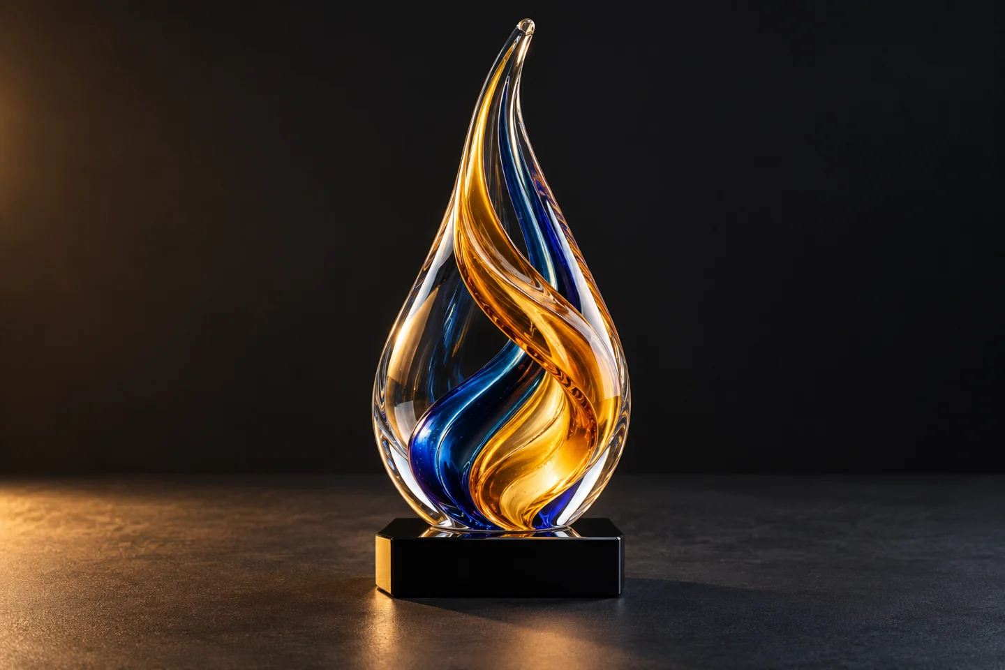 Illustration of an art glass award with amber and blue swirls on a black base.