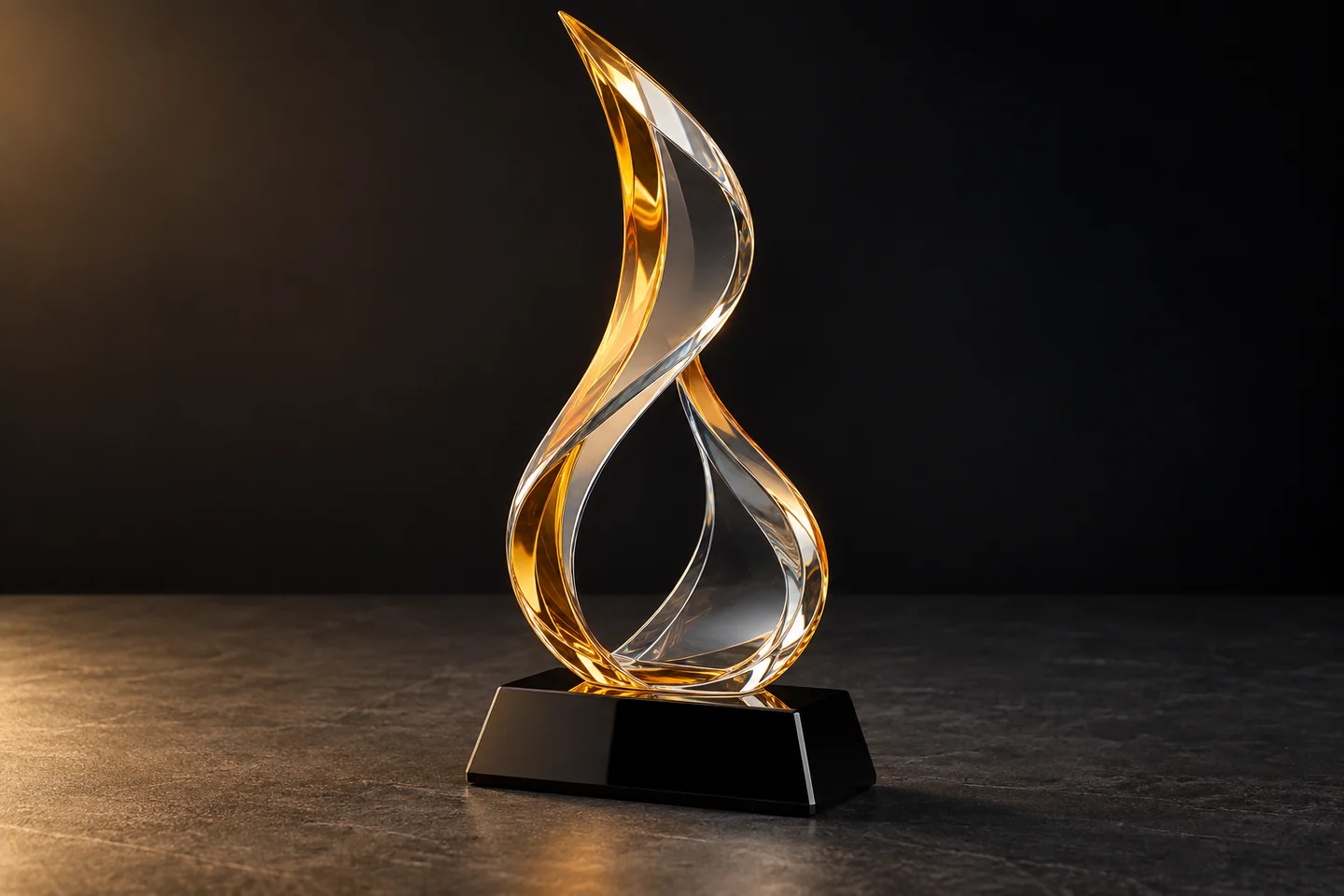 Illustration of a custom curved glass award with amber accents.