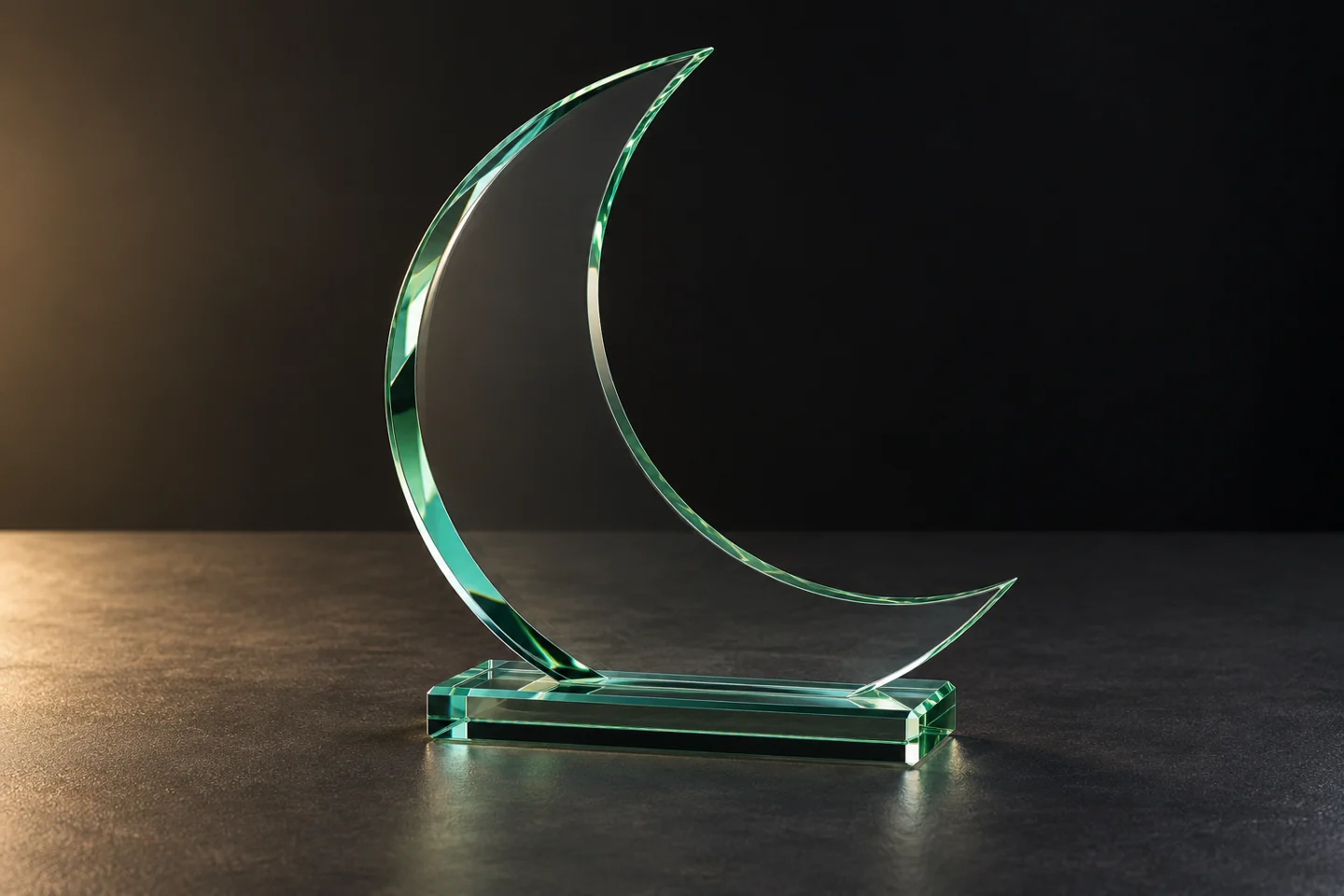 Illustration of a jade glass crescent award with green tinted edges on a clear base.