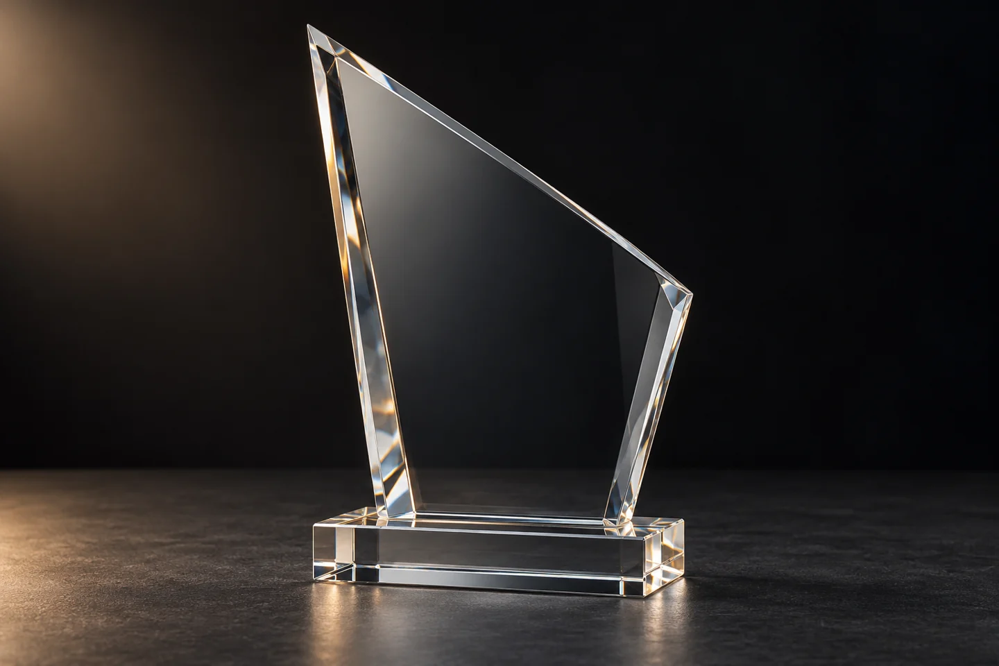 Illustration of a clear optical glass geometric award on a polished glass base.