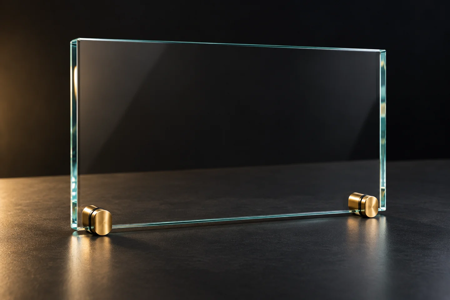 Illustration of a glass plaque panel with brass supports.