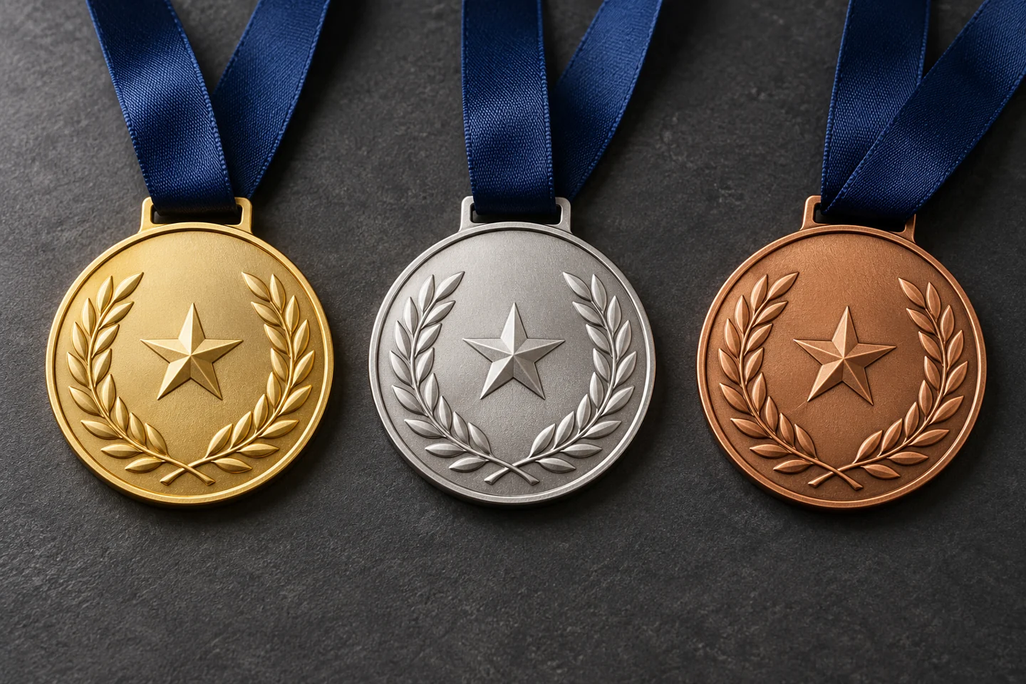 Illustrative gold, silver, and bronze stamped medal styles