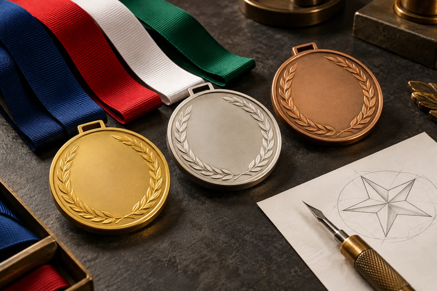Illustration of medal finishes, ribbon swatches, and design tools