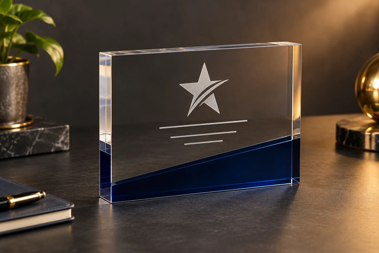 Illustration of an acrylic award plaque with a navy accent