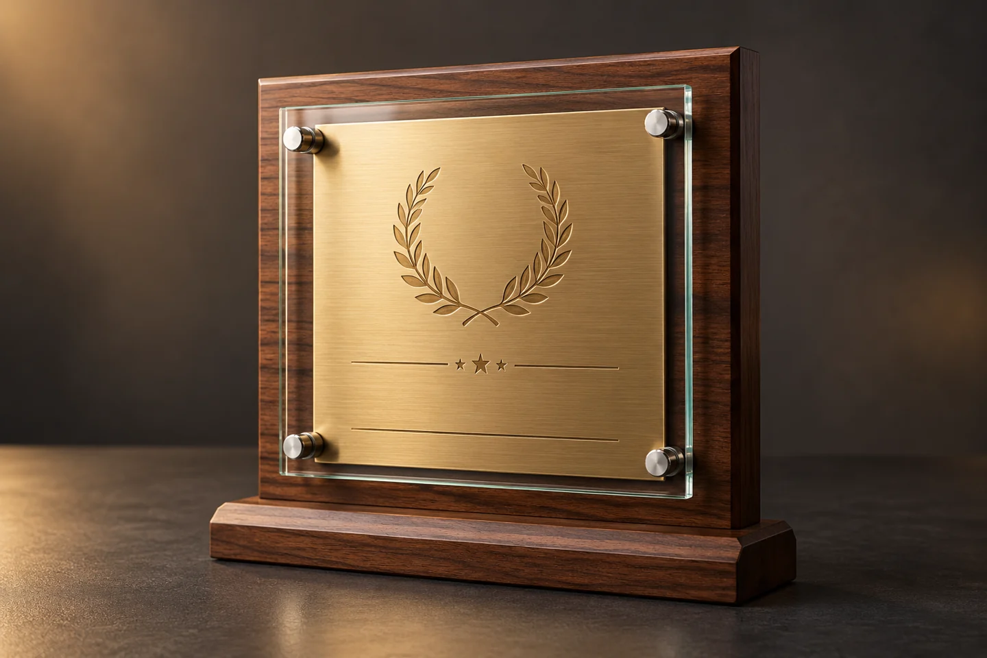 Illustration of a plaque combining walnut, brass and glass