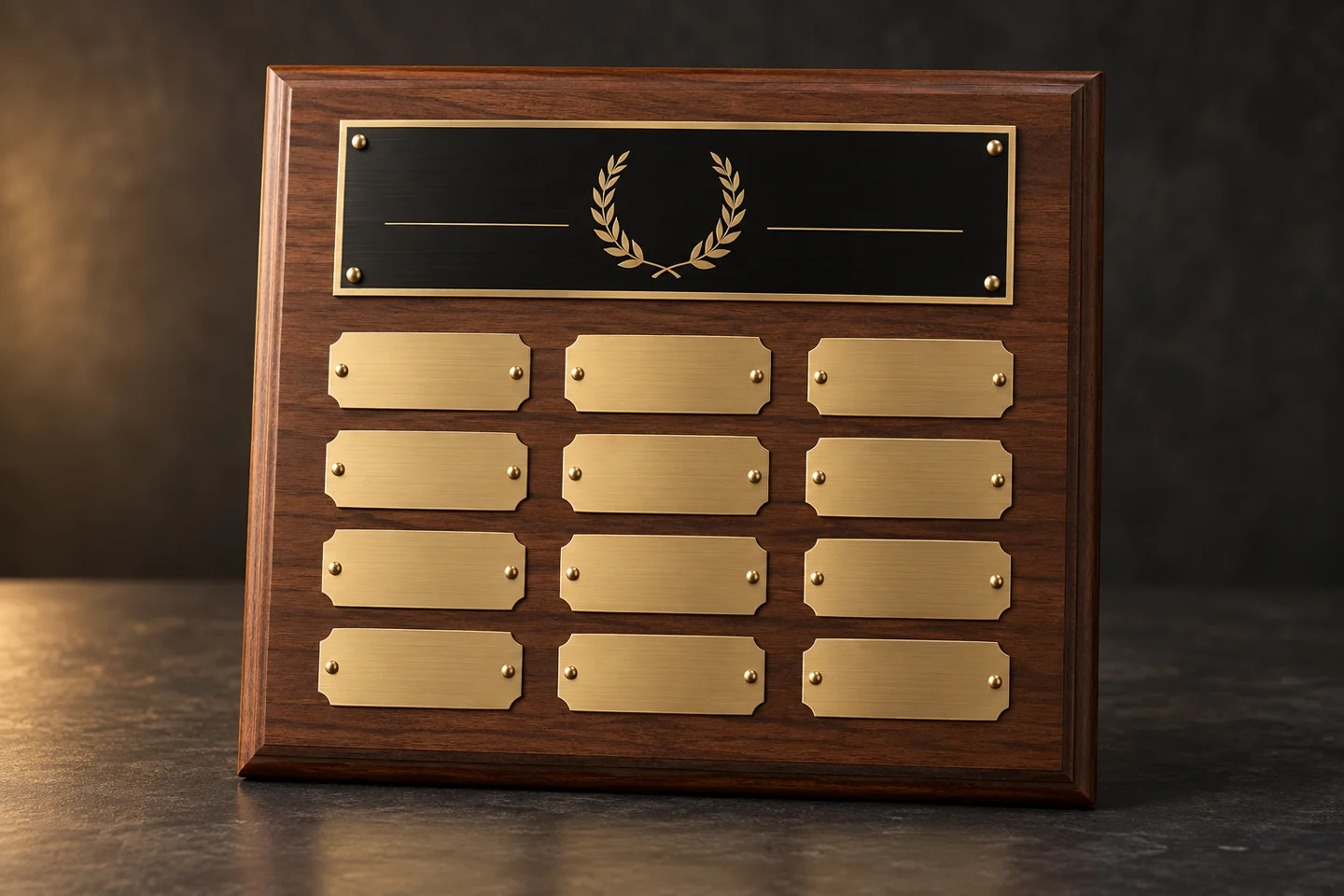 Illustration of a walnut perpetual award board with brass nameplates