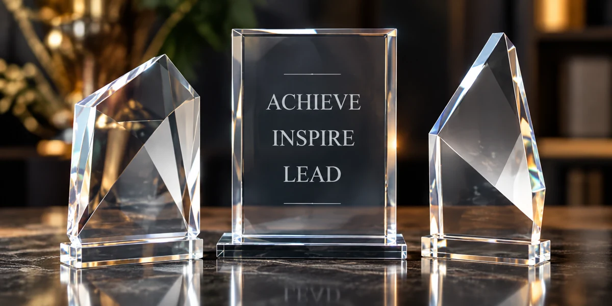 Three clear acrylic recognition awards on a dark desk