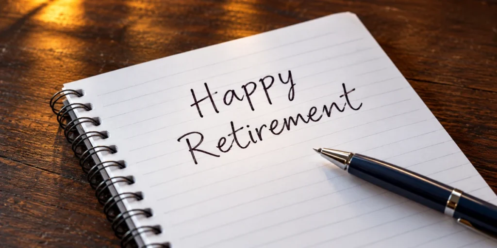 Notebook with Happy Retirement written beside a pen