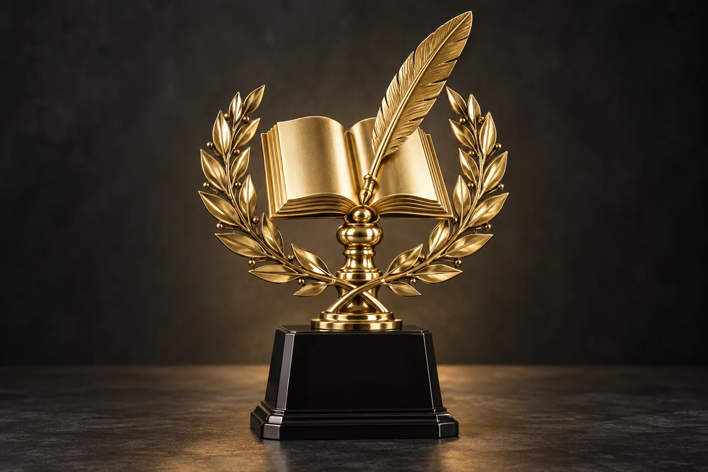Illustration of a gold book and quill academic trophy