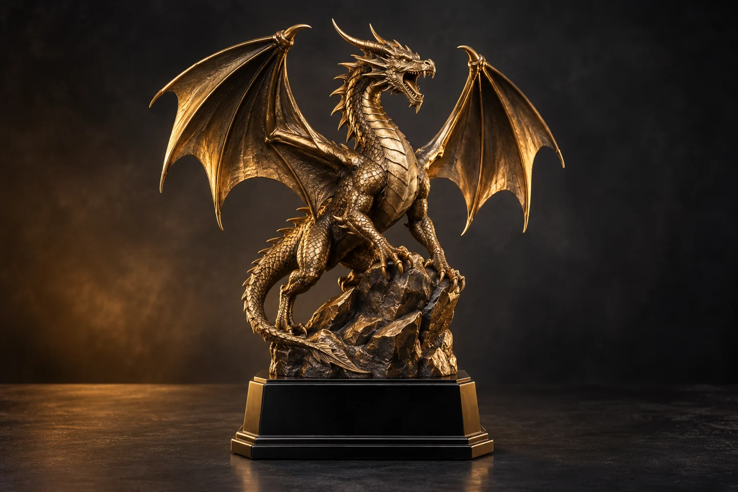 Illustration of a sculpted bronze dragon fantasy trophy