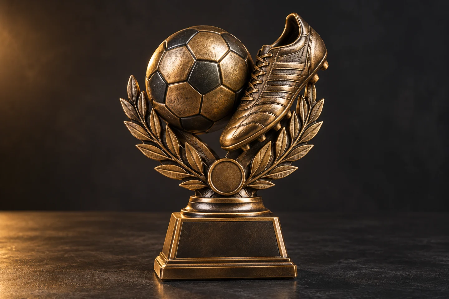 Illustration of a bronze resin soccer ball and boot trophy