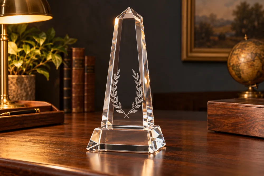 Illustration of a crystal retirement tower award on a warm walnut surface