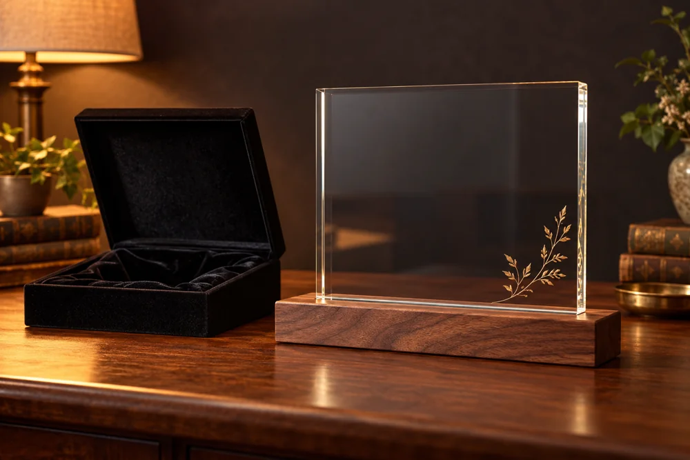 Illustration of a glass retirement gift in a velvet lined presentation box
