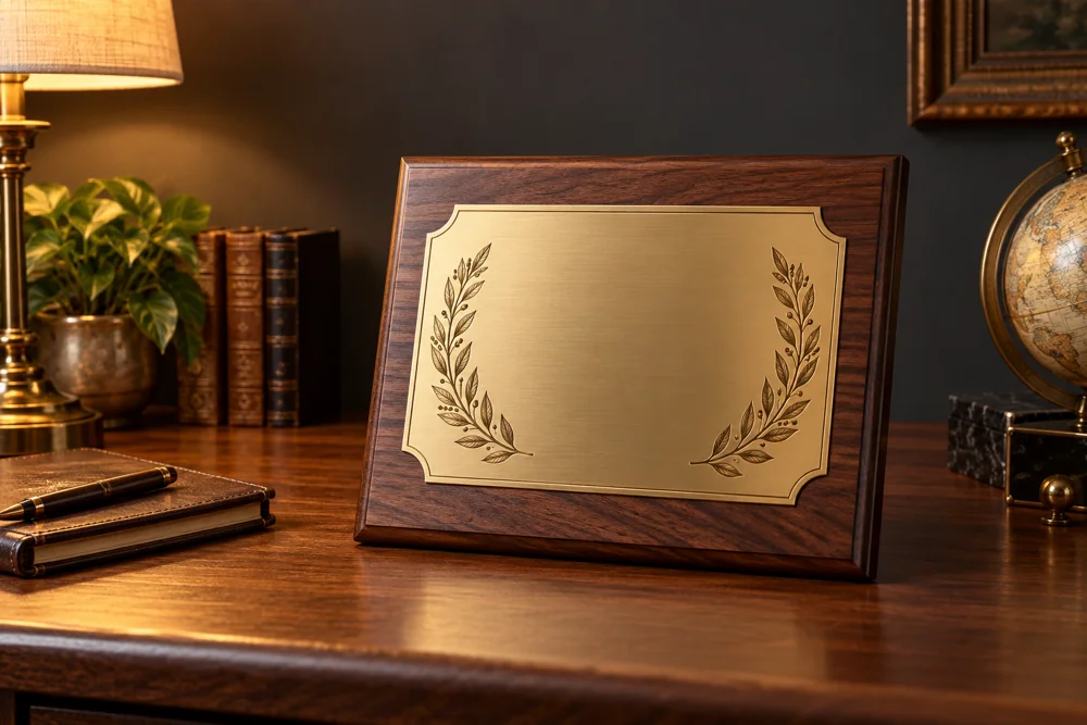Illustration of a walnut and brass retirement plaque